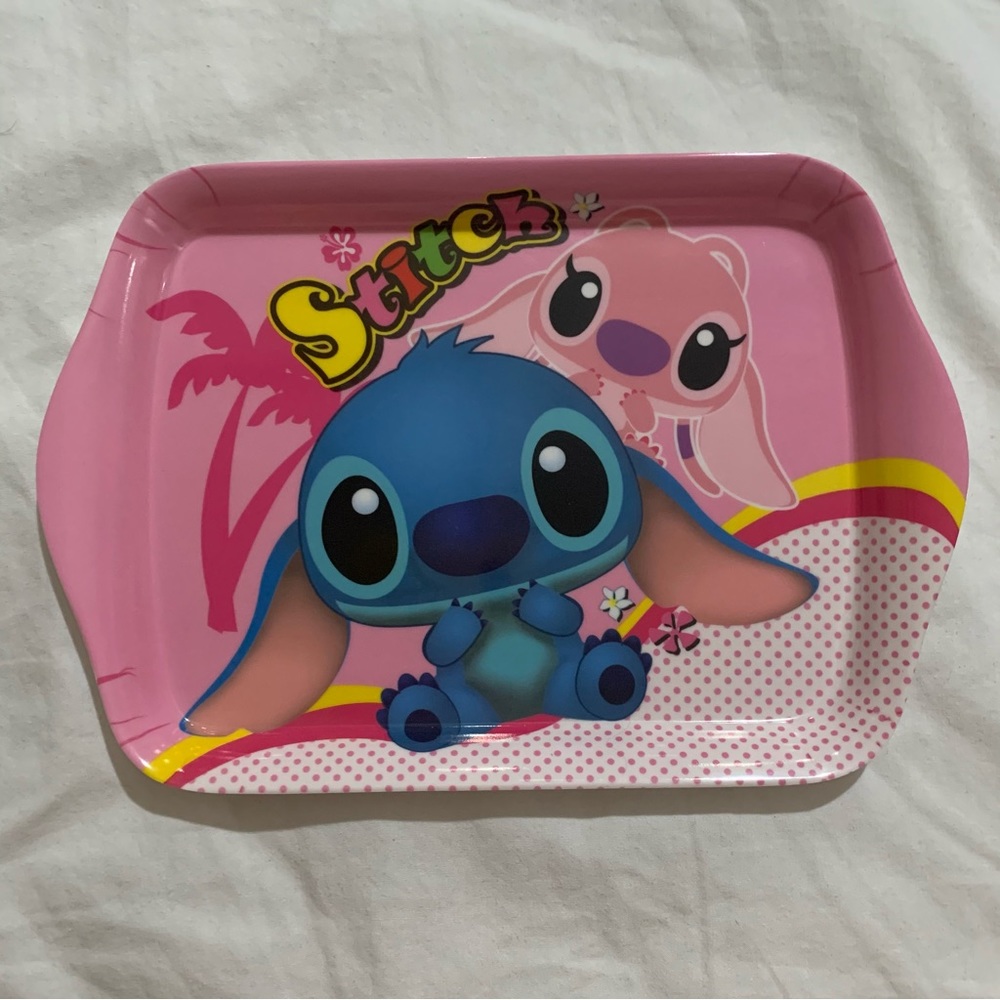 Stitch and Angel Small Pink Plastic Tray